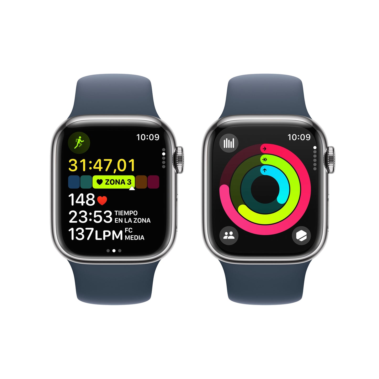 Apple Watch Series 9 (GPS + Cellular) - Caja de acero inoxidable en plata de 41 mm - Correa deportiva azul tempestad - Talla S/M