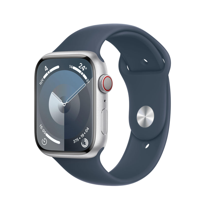 Apple Watch Series 9 (GPS + Cellular) - Caja de aluminio en plata de 45 mm - Correa deportiva azul tempestad - Talla M/L - Rossellimac