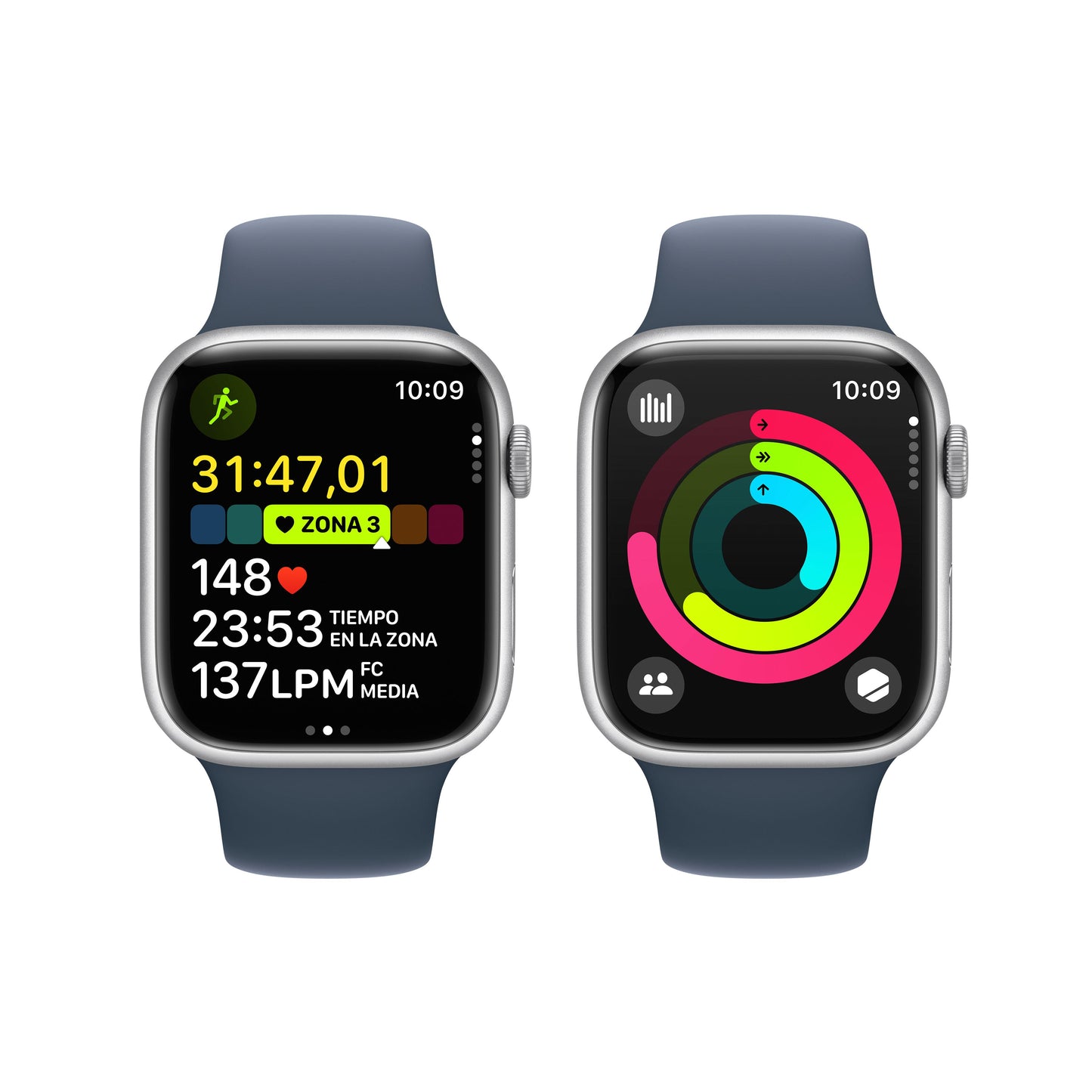 Apple Watch Series 9 (GPS + Cellular) - Caja de aluminio en plata de 45 mm - Correa deportiva azul tempestad - Talla S/M