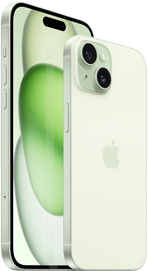 Se muestran juntos el iPhone 15 Plus de 6,7 pulgadas y el iPhone 15 de 6,1 pulgadas para comparar su tamaño.