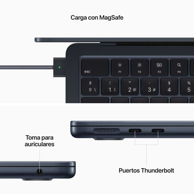 MacBook Air de 13 pulgadas Chip M2 de Apple con CPU de ocho núcleos y GPU de ocho núcleos con Adaptador de corriente USB‑C de 67 W de Apple, Negro Noche, 16GB, 256 GB - Rossellimac