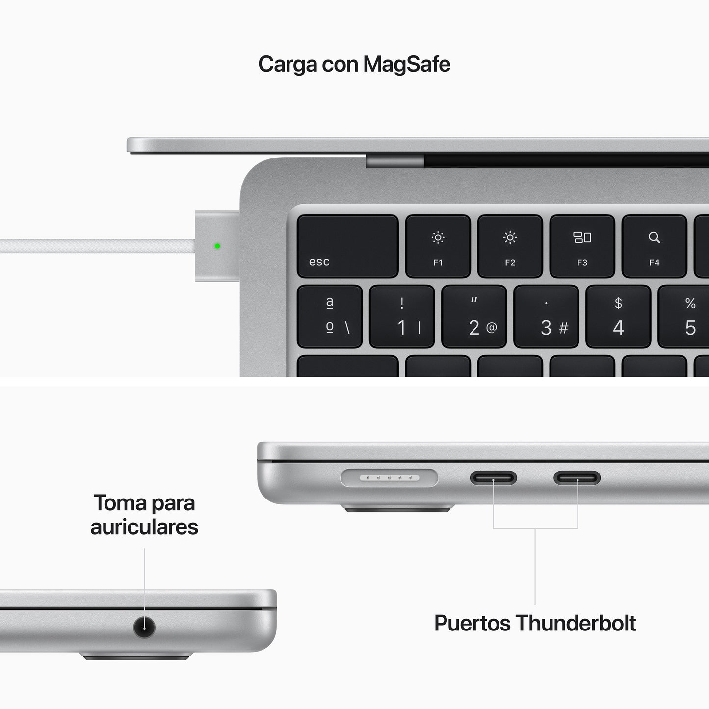 MacBook Air de 13 pulgadas Chip M2 de Apple con CPU de ocho núcleos y GPU de ocho núcleos con Adaptador de corriente USB‑C de 67 W de Apple, Plata, 16GB, 256 GB - Rossellimac