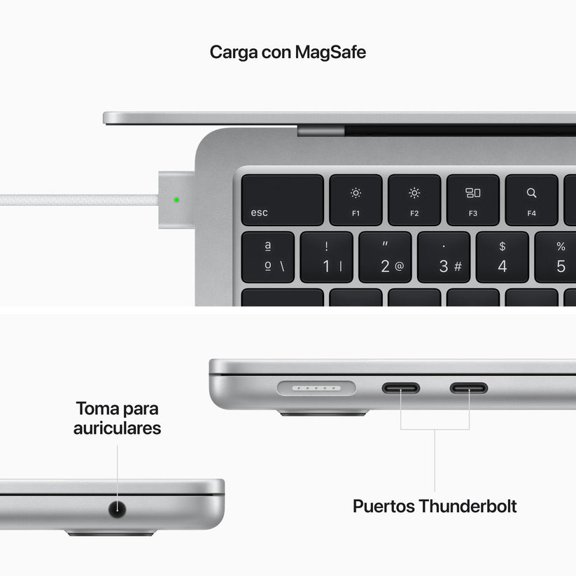MacBook Air de 13 pulgadas Chip M2 de Apple con CPU de ocho núcleos y GPU de diez núcleos con adaptador de corriente USB‑C de 67 W de Apple, Plata, 8GB, 512 GB - Rossellimac