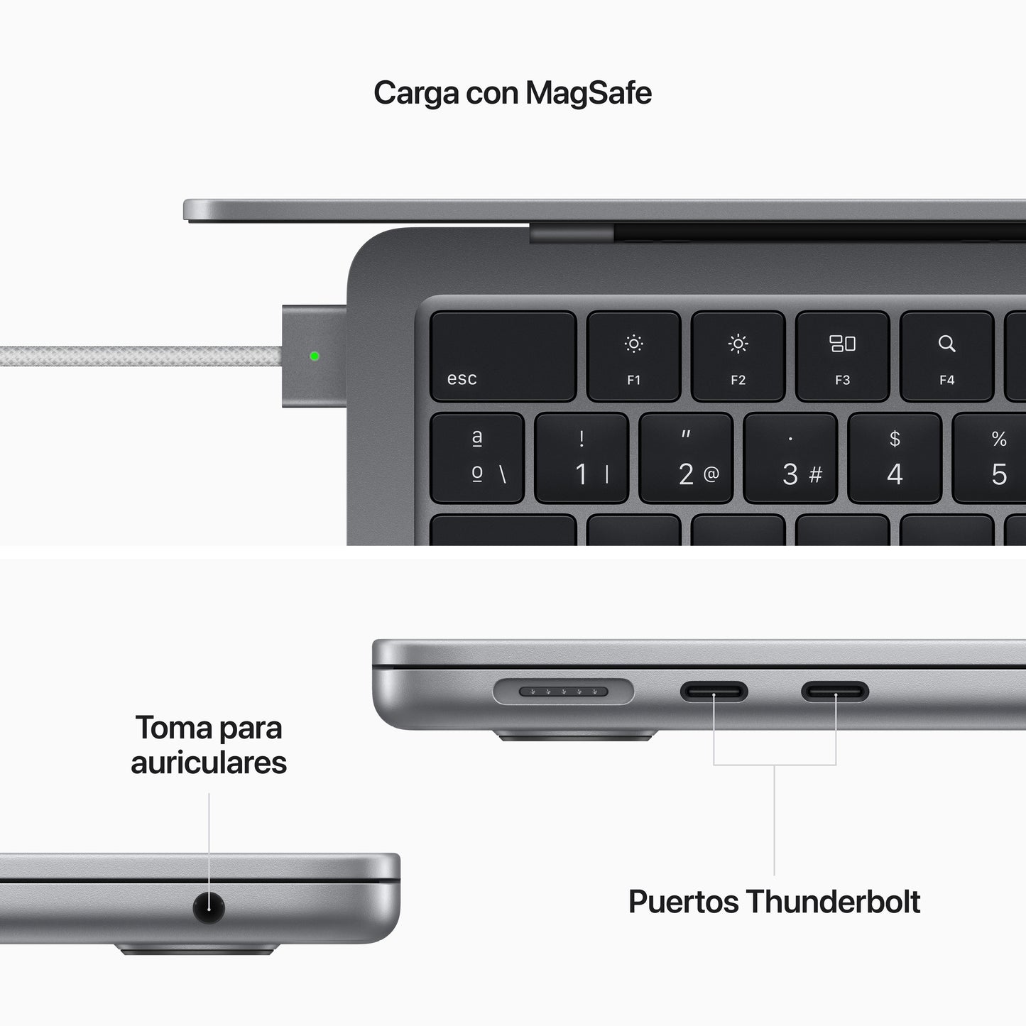 MacBook Air de 13 pulgadas Chip M2 de Apple con CPU de ocho núcleos y GPU de ocho núcleos con Adaptador de corriente USB‑C de 67 W de Apple, Gris espacial, 16GB, 256 GB - Rossellimac