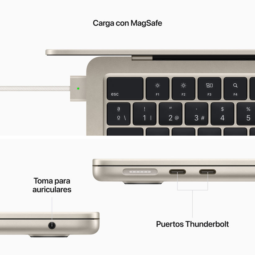 MacBook Air de 13 pulgadas Chip M2 de Apple con CPU de ocho núcleos y GPU de diez núcleos con adaptador de corriente USB‑C de 67 W de Apple, Blanco estrella, 8GB, 512 GB - Rossellimac