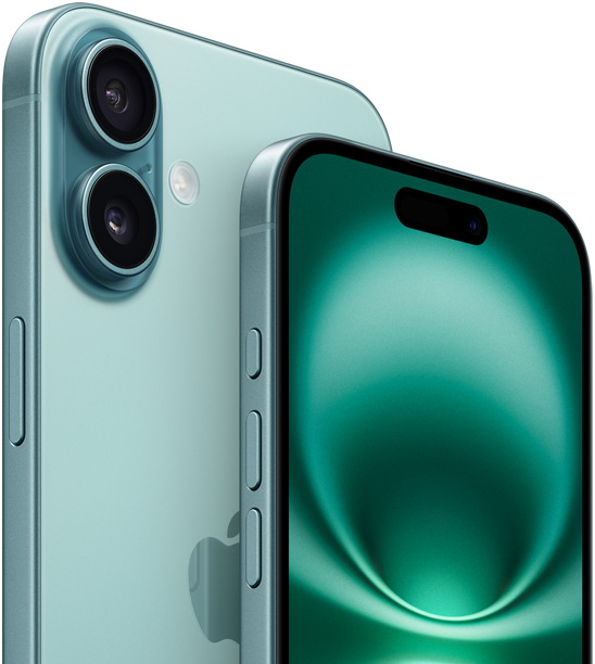 Vista frontal del iPhone 16 Plus y el iPhone 16 que muestra el botón Acción, los botones de volumen, el botón lateral, el Control de Cámara, la pantalla de borde a borde y la Dynamic Island en la parte superior central, y vista trasera que muestra el acabado verde azulado, el sistema avanzado de cámara dual elevado en la esquina superior izquierda y el logotipo de Apple en el centro