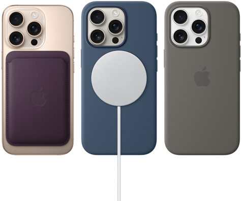 Vista trasera de tres iPhone 16 Pro con accesorios MagSafe acoplados: una cartera de trenzado fino con MagSafe, un cargador MagSafe y una funda de silicona con MagSafe