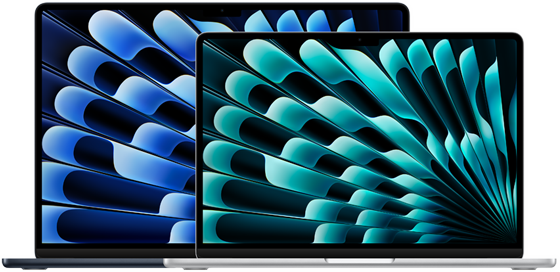 Vista frontal de los modelos del MacBook Air de 13 y 15 pulgadas donde se muestra el tamaño de las pantallas medido en diagonal