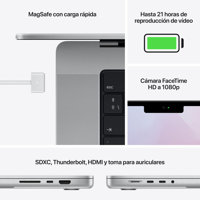 MacBook Pro de 16 pulgadas: Chip M1 Pro de Apple con CPU de diez núcleos y GPU de dieciséis núcleos, 1 TB SSD - Plata - Rossellimac