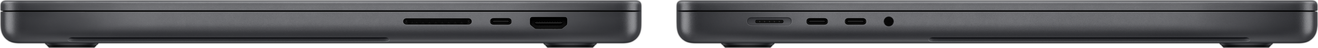 Vista lateral de un MacBook Pro que destaca la ranura para tarjetas SDXC, los tres puertos Thunderbolt 4, el puerto HDMI, el puerto de carga MagSafe 3 y la toma para auriculares.