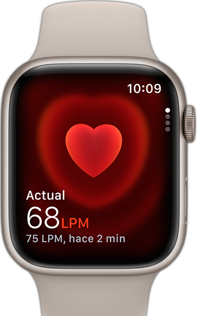 Vista frontal del Apple Watch con las pulsaciones de una persona en la pantalla.