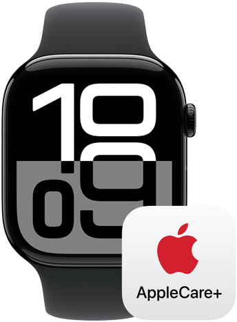 Un Apple Watch Series 10 al lado de un logotipo que representa la cobertura de AppleCare+.