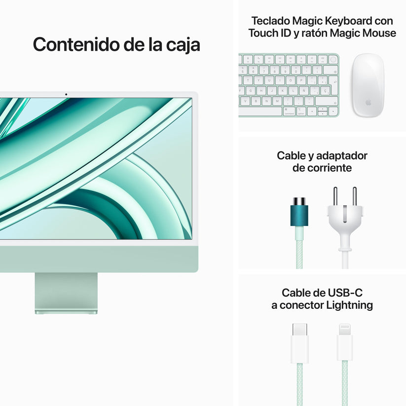 iMac con pantalla Retina 4,5K 24 pulgadas Chip M3 de 8 núcleos y GPU de 10 núcleos, 8 GB, 256 GB SSD, Magic Keyboard con Touch ID y teclado numérico, Sin Ethernet - Verde - Rossellimac