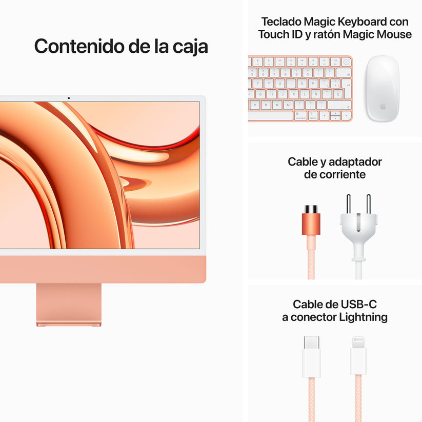 iMac con pantalla Retina 4,5K 24 pulgadas Chip M3 de 8 núcleos y GPU de 10 núcleos, 8 GB, 256 GB SSD, Magic Keyboard con Touch ID, Sin Ethernet - Naranja - Rossellimac