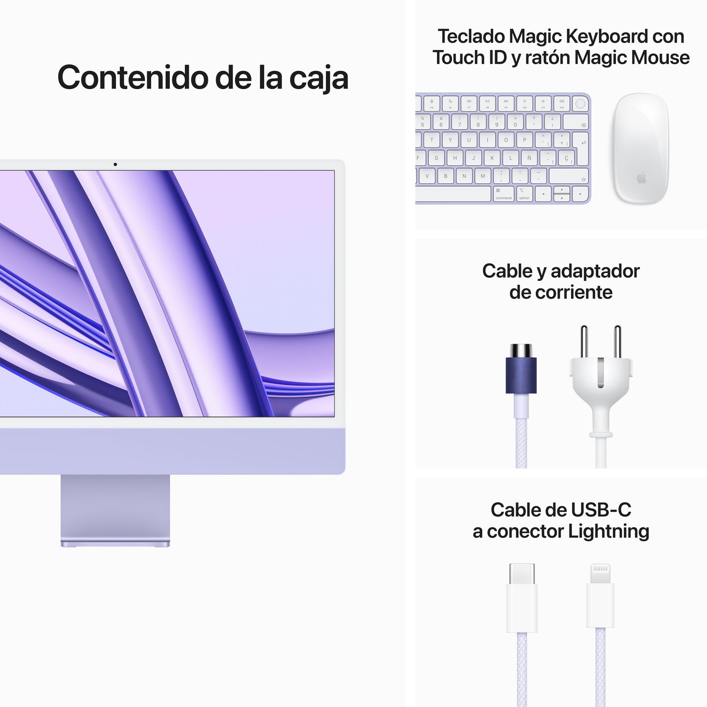 iMac con pantalla Retina 4,5K 24 pulgadas Chip M3 de 8 núcleos y GPU de 10 núcleos, 8 GB, 512 GB SSD, Magic Keyboard con Touch ID, Sin Ethernet  - Púrpura - Rossellimac