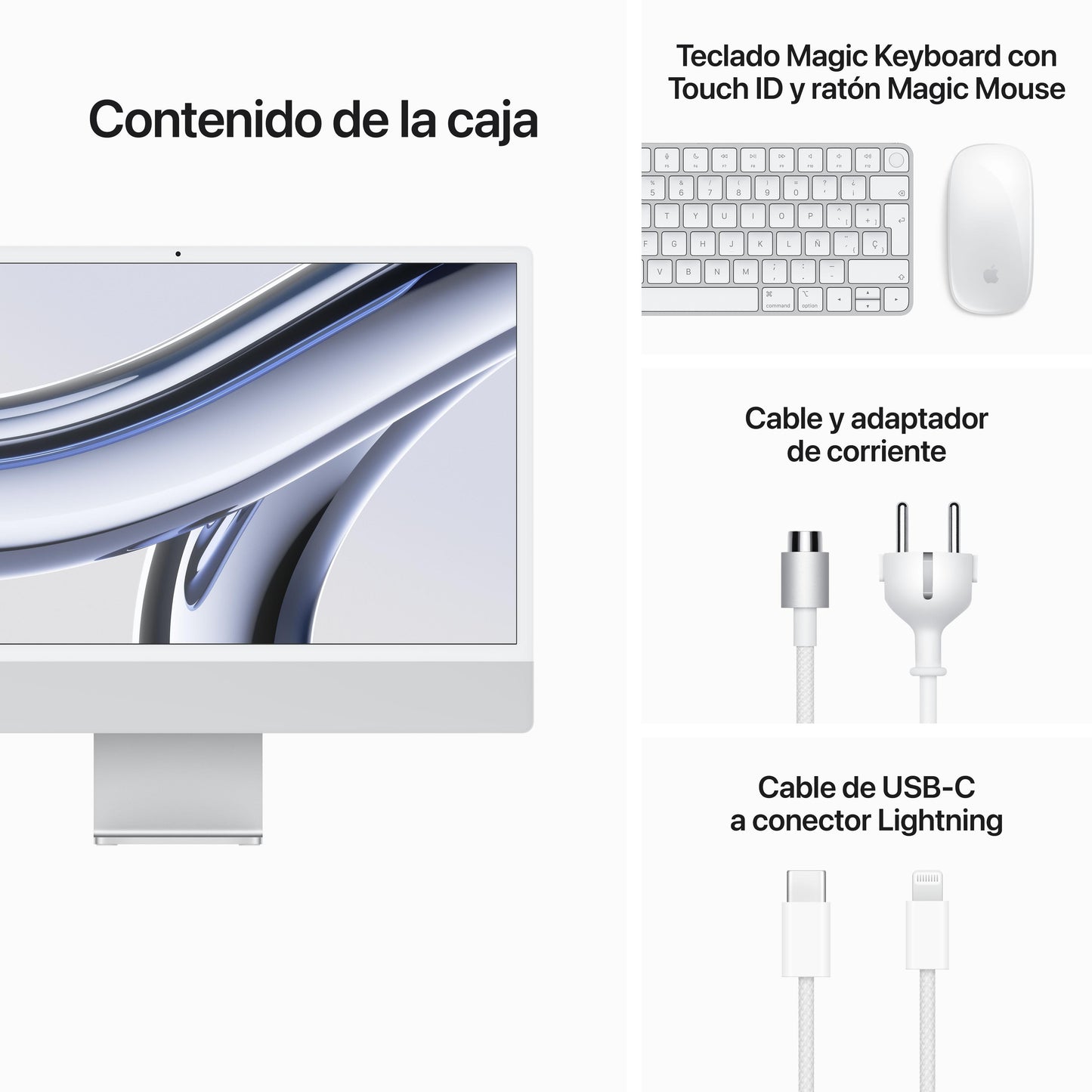 iMac con pantalla Retina 4,5K 24 pulgadas Chip M3 de 8 núcleos y GPU de 10 núcleos, 24 GB, 512 GB SSD, Magic Keyboard con Touch ID y teclado numérico, Sin Ethernet - Plata - Rossellimac