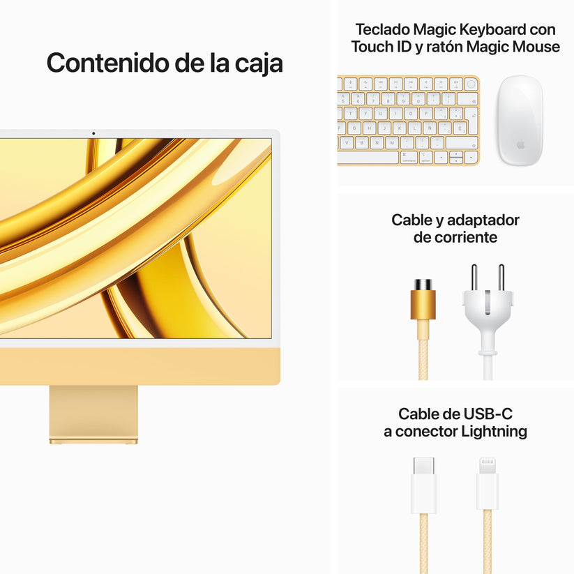 iMac con pantalla Retina 4,5K 24 pulgadas Chip M3 de 8 núcleos y GPU de 10 núcleos, 8 GB, 256 GB SSD, Magic Keyboard con Touch ID, Sin Ethernet  - Amarillo - Rossellimac