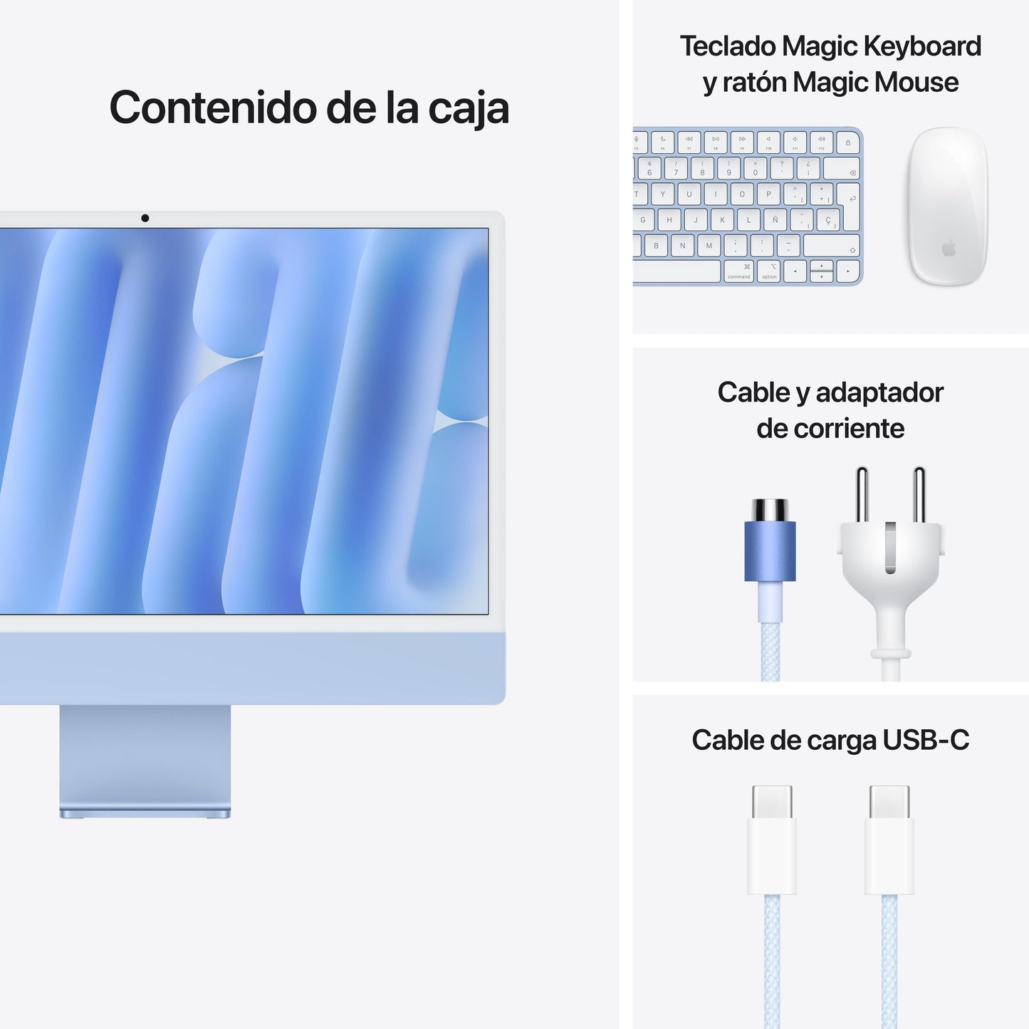 iMac con pantalla Retina 4,5K de 24 pulgadas: Chip M4 de Apple con CPU de 8 núcleos y GPU de 8 núcleos, 24 GB RAM, 256 GB SSD, Vidrio estándar, Sin Ethernet, Magic Keyboard con Touch ID y teclado numérico - Azul
