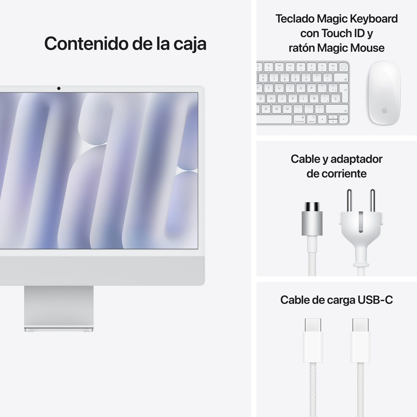 iMac con pantalla Retina 4,5K de 24 pulgadas: Chip M4 de Apple con CPU de 10 núcleos y GPU de 10 núcleos, 16 GB RAM, 512 GB SSD , Vidrio nanotexturizado, Gigabit Ethernet, Magic Keyboard con Touch ID - Plata
