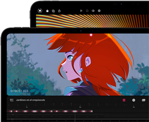 iPad Pro de 11 y 13 pulgadas, parte delantera exterior, posición horizontal, color negro espacial, esquinas redondeadas, borde de la pantalla negro, la pantalla de 11 pulgadas muestra una imagen a todo color de un personaje de animación pelirrojo, la pantalla de 13 pulgadas muestra una interfaz de edición de fotos con elementos de muchos colores