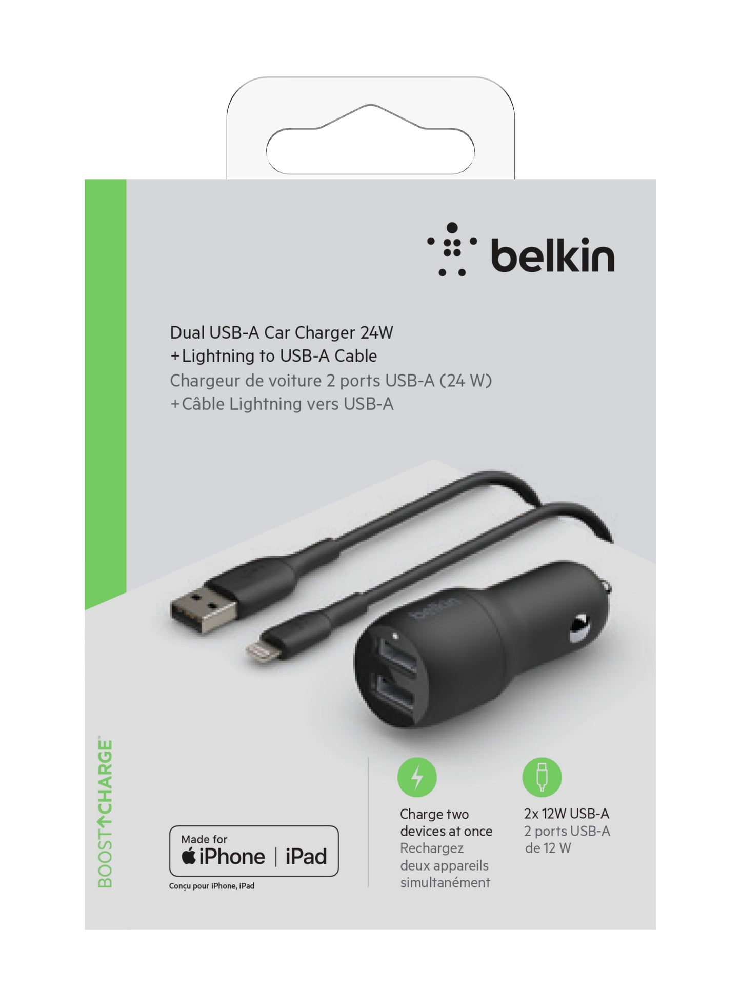 Cargador coche doble USB-A + Cable Lightning de Belkin - Rossellimac