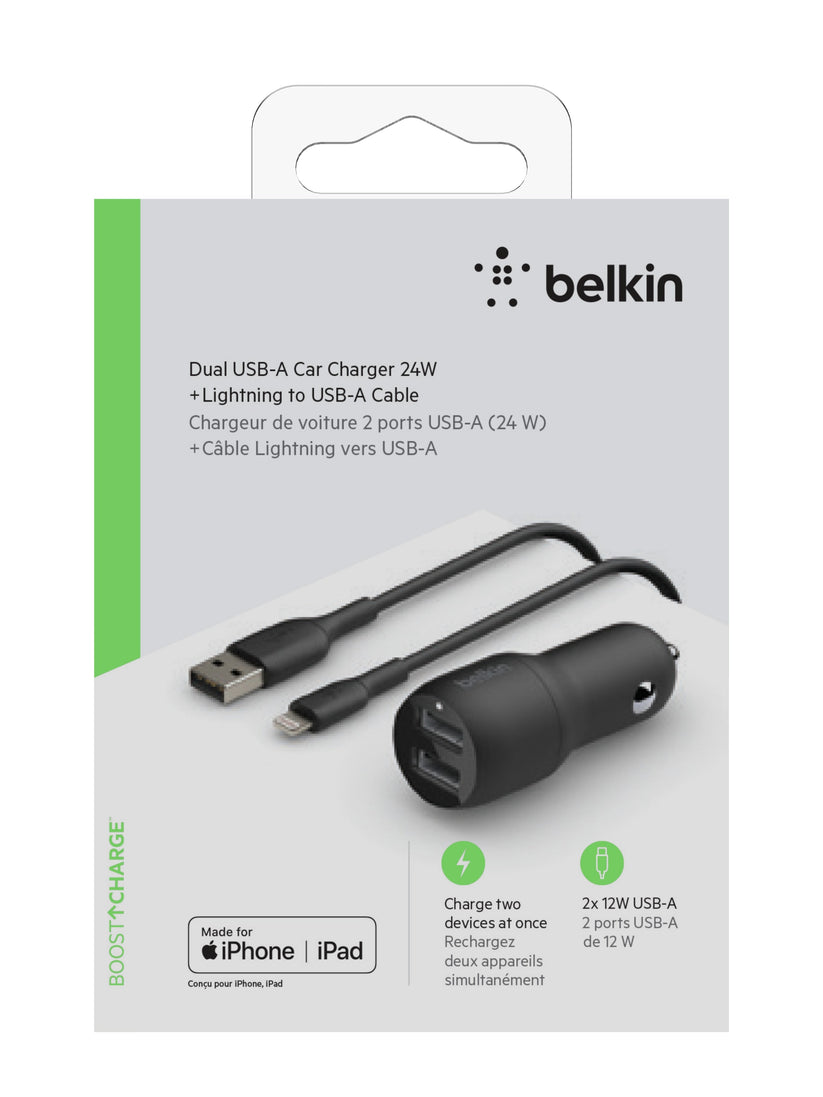 Cargador coche doble USB-A + Cable Lightning de Belkin – Rossellimac