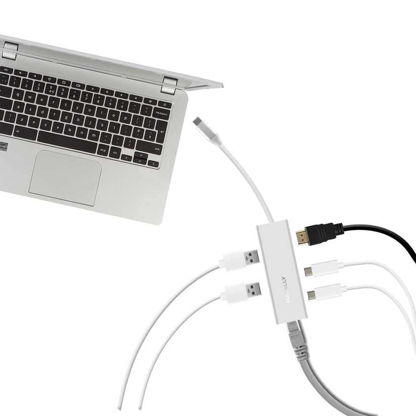 Adaptador USB-C a HDMI 4K, USB-C, Ethernet, y tres puertos USB-A de Macally - Rossellimac